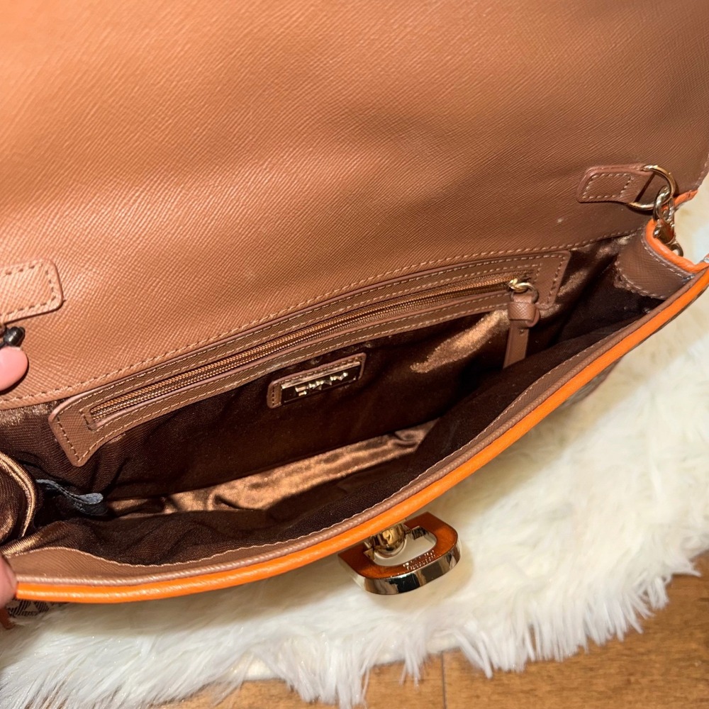 DKNY Monogram Logo Orange Leather Trim Shoulder Bag Baguette Purse Gold Hardware - Picture 5 of 5